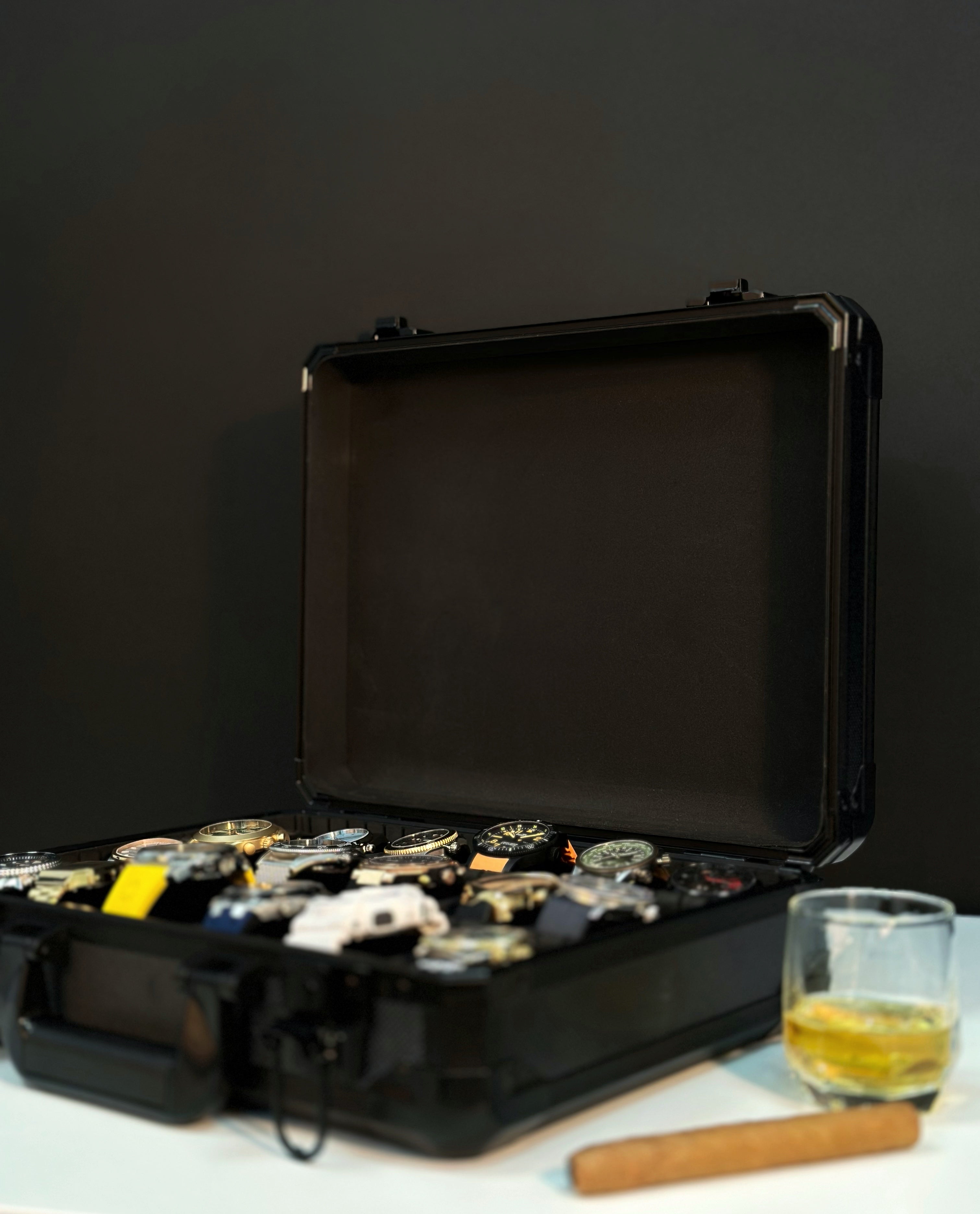 Sleek black watch case with velvet interior