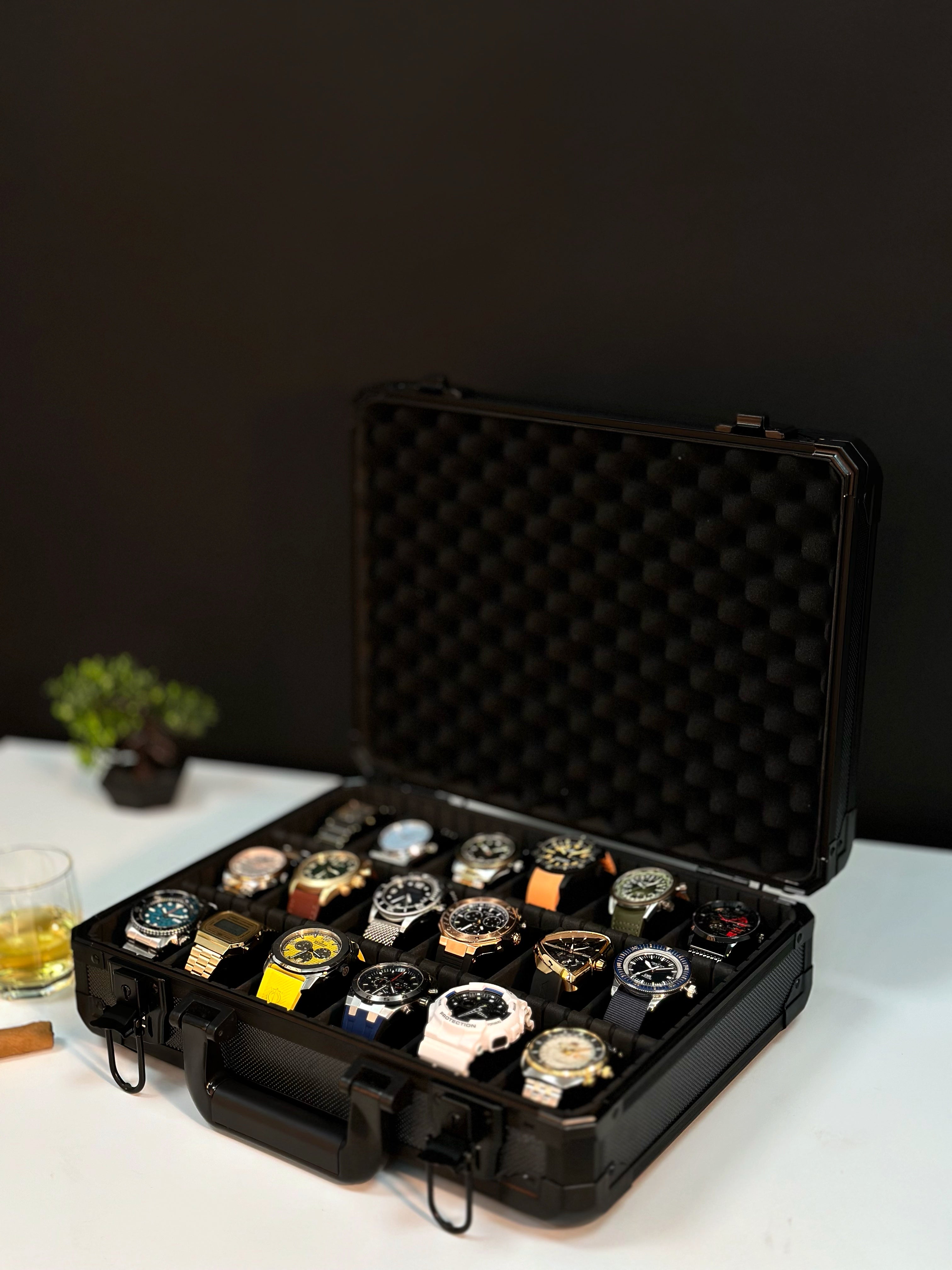 Luxurious black case storing 18 watches