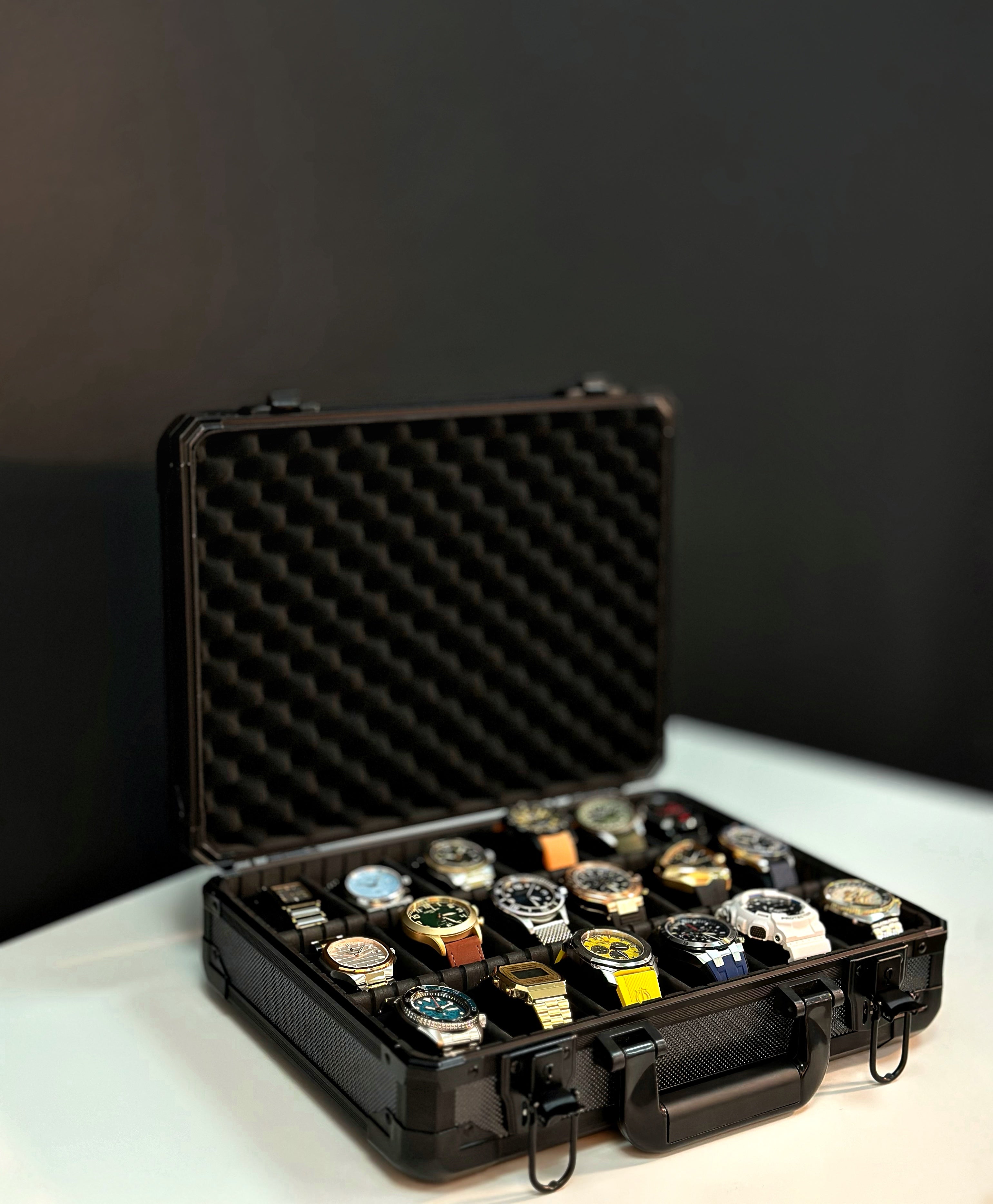 Organized display of watches in a black case